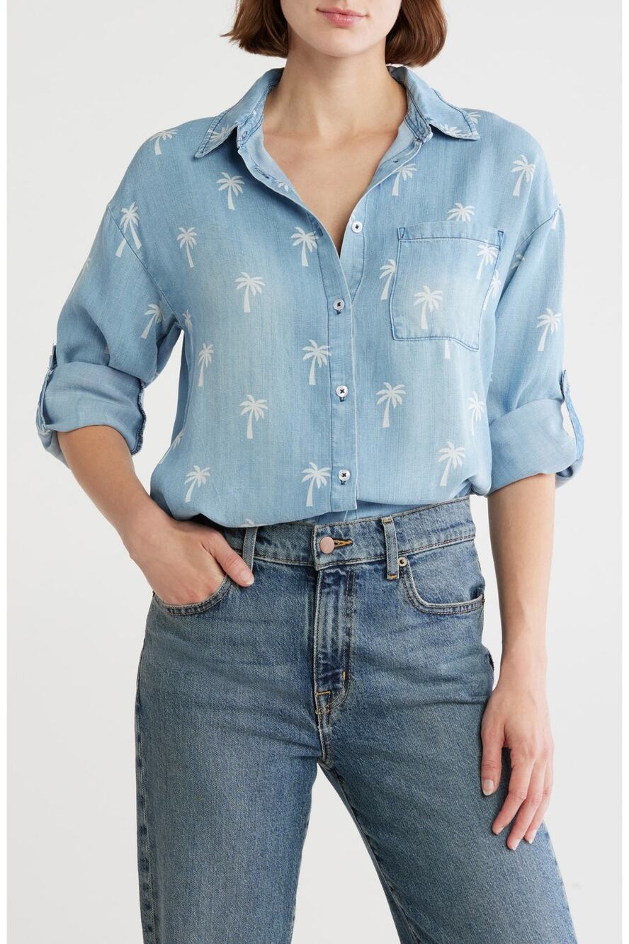 Elie Tahari Top Chambray Blouse Palm Tress Beach Vacation Resort Blue Size XL